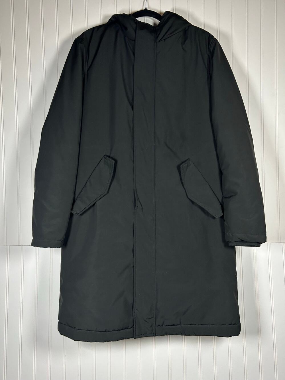 ZARA men’s long black jacket coat sherpa lining with hoodie size M snow winter